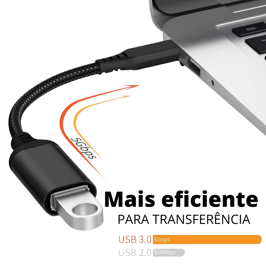 Cabo Adaptador OTG USB para Tipo C Mouse Teclado Pendrive 3.0 (1) Cabo Adaptador OTG USB para Tipo C 3.0 Conexão OTG: Conecte mouses, teclados e pendrives a dispositivos Tipo C. USB 3.0: Transferências de dados rápidas. Plug and Play: Fácil de usar, sem instalações extras. Portátil e Resistente: Ideal para o uso diário. Perfeito para expandir a funcionalidade dos seus dispositivos com entrada Tipo C