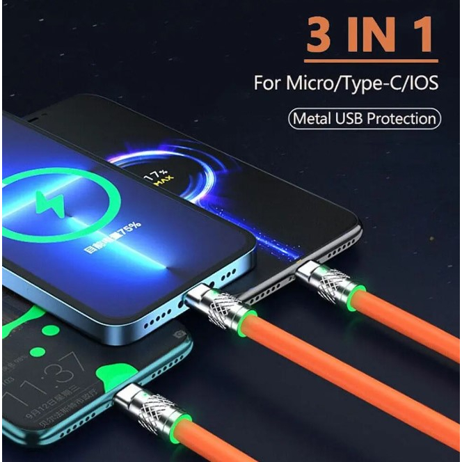 Cabo de Carregamento Rápido de Metal 3 em 1 (2) Cabo de Carregamento Rápido de Metal 3 em 1 Versátil: Com conectores Lightning, Micro-USB e Tipo-C. Carregamento Rápido: Para menos tempo na tomada. Durável: Revestimento de metal resistente. Prático: Um cabo para todos os dispositivos. Seguro: Proteção contra sobrecorrente e curto-circuito. Ideal para quem busca praticidade e eficiência.
