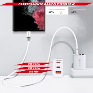 Carregador Celular Tomada Fonte Para iPhone 15 USB C Tipo C Turbo Rápido Pd 58W Com Cabo Tipo C Completo Type C